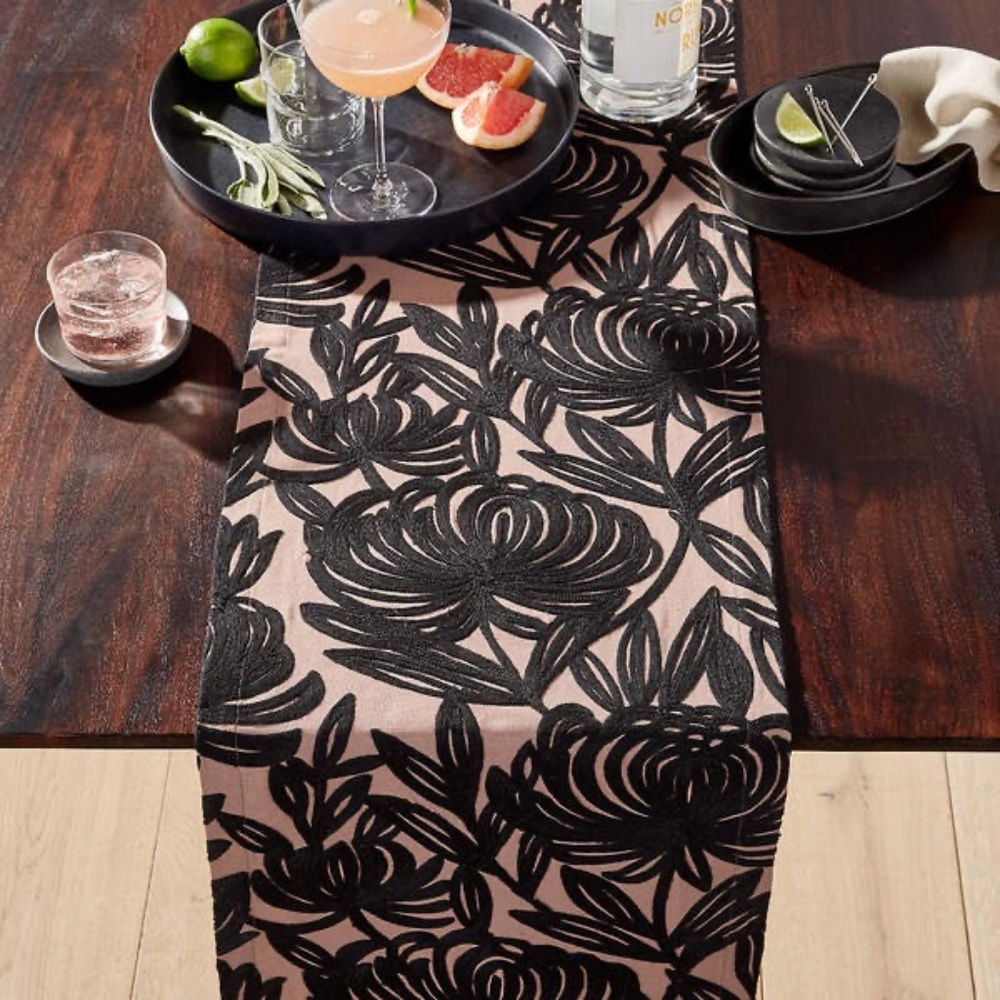 Crate & Barrel embroidered Chrysa table runner 14 x 90 floral design cotton